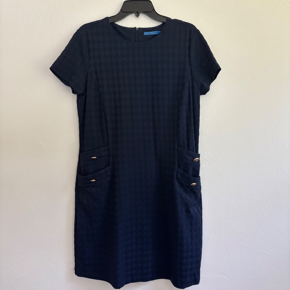 NWOT J.McLaughlin Talese Dress Navy Houndstooth Jacquard Sheath Shift Size Large - Picture 2 of 14